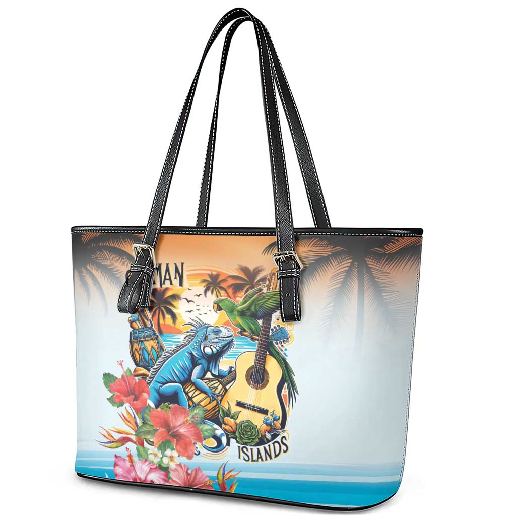Cayman Islands Leather Tote Bag Iguanas And Parrot Hisbius Flower - Wonder Print Shop