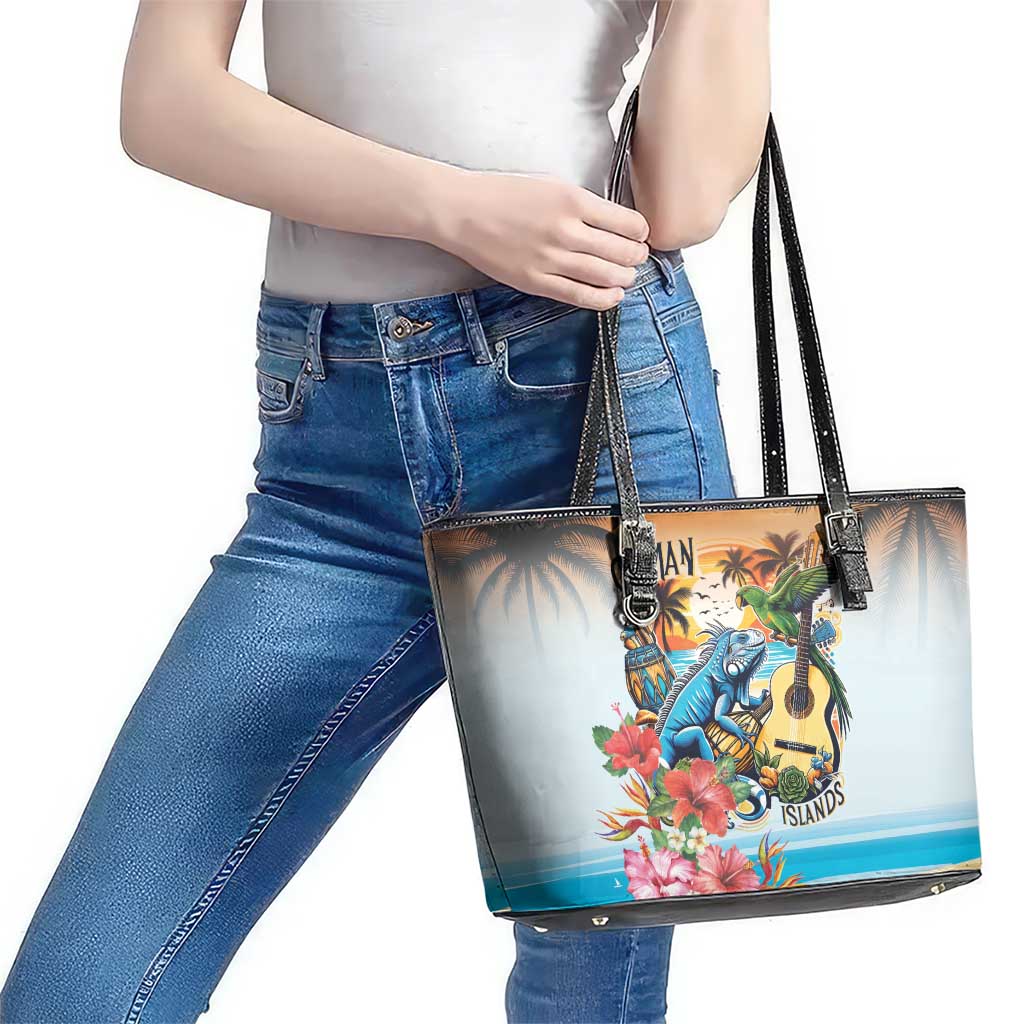 Cayman Islands Leather Tote Bag Iguanas And Parrot Hisbius Flower - Wonder Print Shop