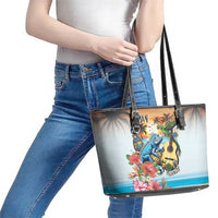 Cayman Islands Leather Tote Bag Iguanas And Parrot Hisbius Flower - Wonder Print Shop