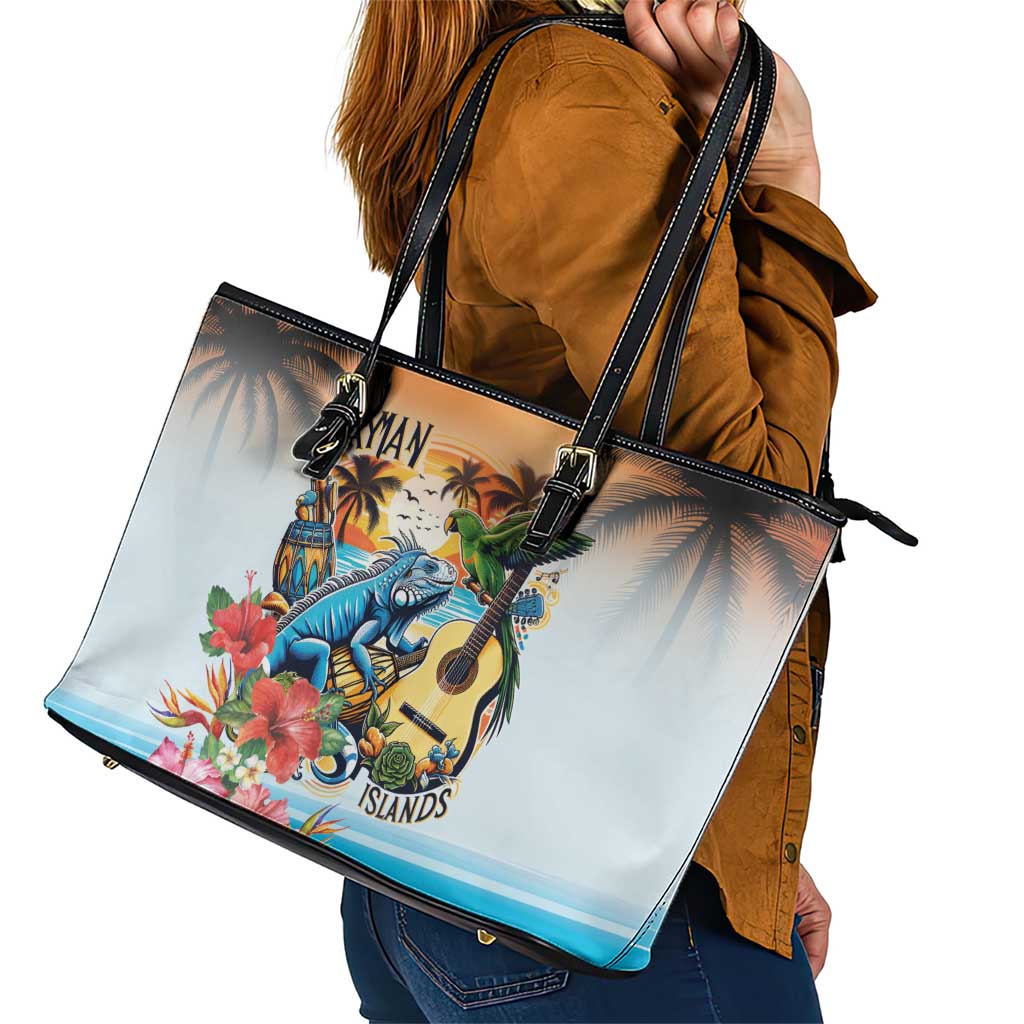 Cayman Islands Leather Tote Bag Iguanas And Parrot Hisbius Flower - Wonder Print Shop