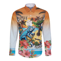 Cayman Islands Long Sleeve Button Shirt Iguanas And Parrot Hisbius Flower - Wonder Print Shop