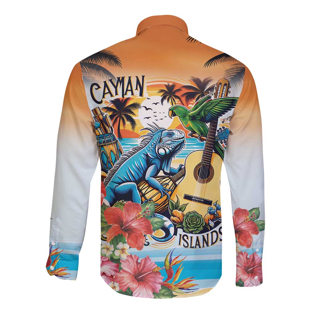 Cayman Islands Long Sleeve Button Shirt Iguanas And Parrot Hisbius Flower - Wonder Print Shop