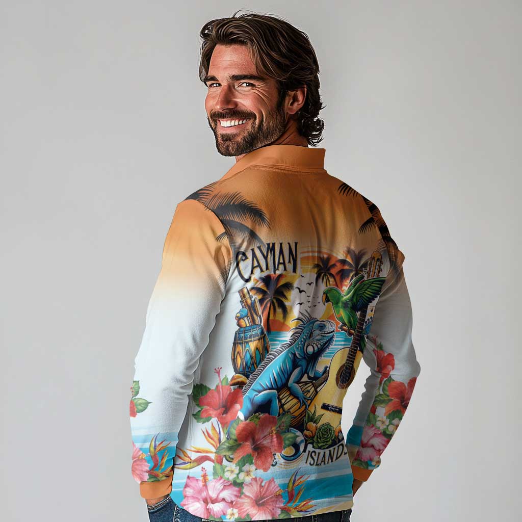 Cayman Islands Long Sleeve Polo Shirt Iguanas And Parrot Hisbius Flower - Wonder Print Shop
