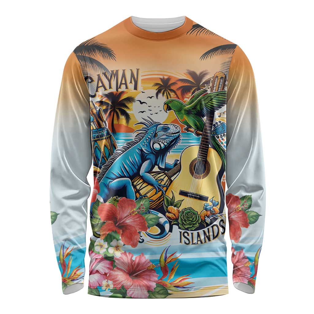 Cayman Islands Long Sleeve Shirt Iguanas And Parrot Hisbius Flower - Wonder Print Shop