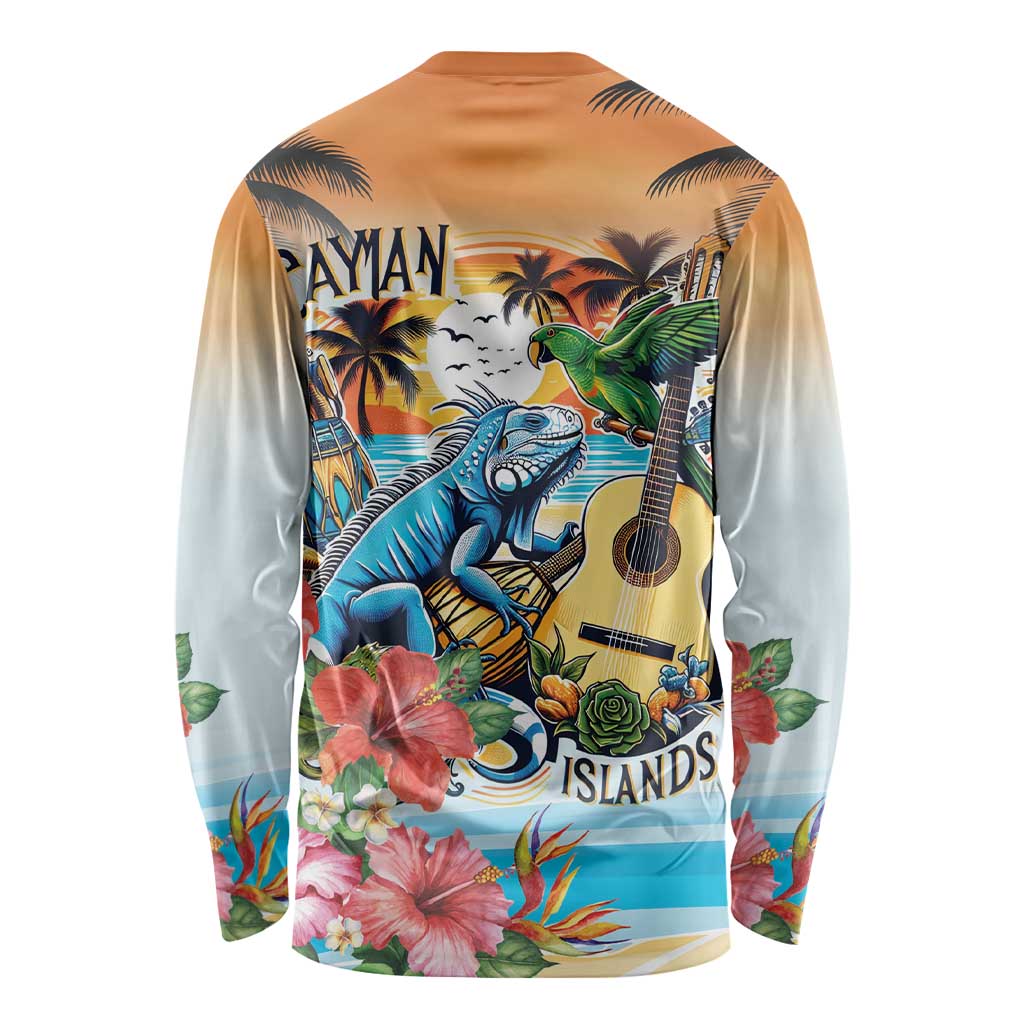 Cayman Islands Long Sleeve Shirt Iguanas And Parrot Hisbius Flower - Wonder Print Shop