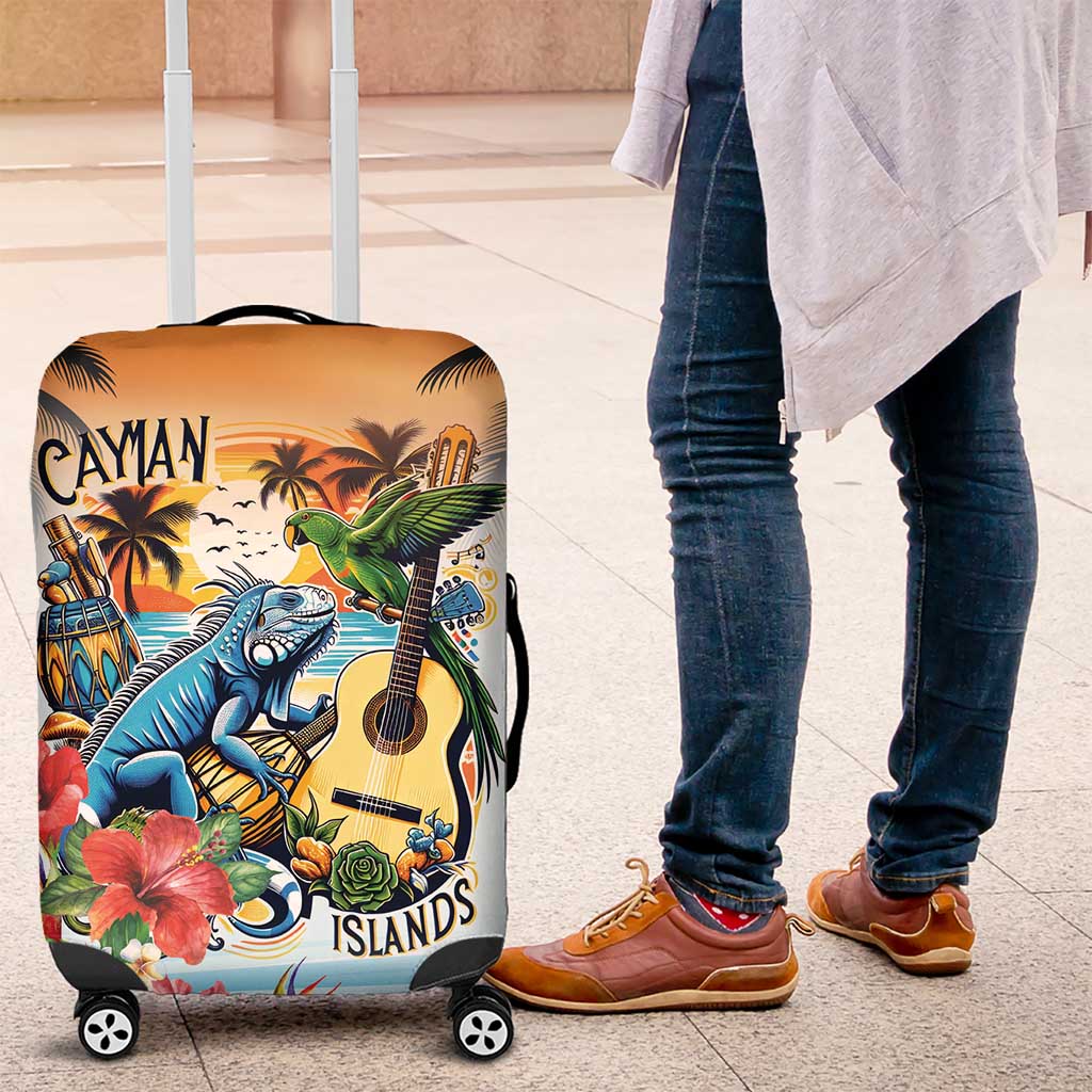 Cayman Islands Luggage Cover Iguanas And Parrot Hisbius Flower - Wonder Print Shop