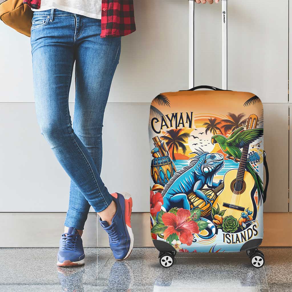 Cayman Islands Luggage Cover Iguanas And Parrot Hisbius Flower - Wonder Print Shop