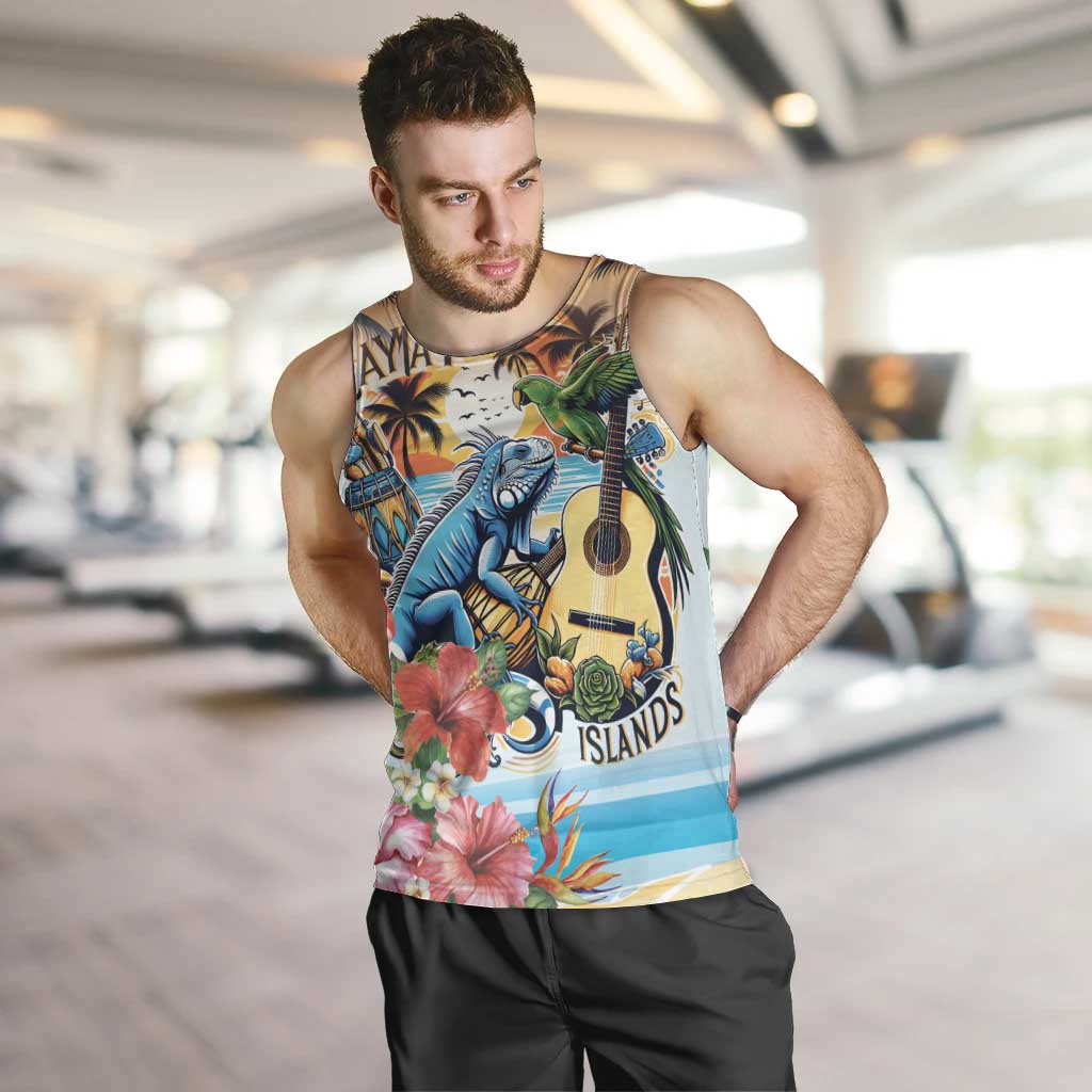 Cayman Islands Men Tank Top Iguanas And Parrot Hisbius Flower - Wonder Print Shop