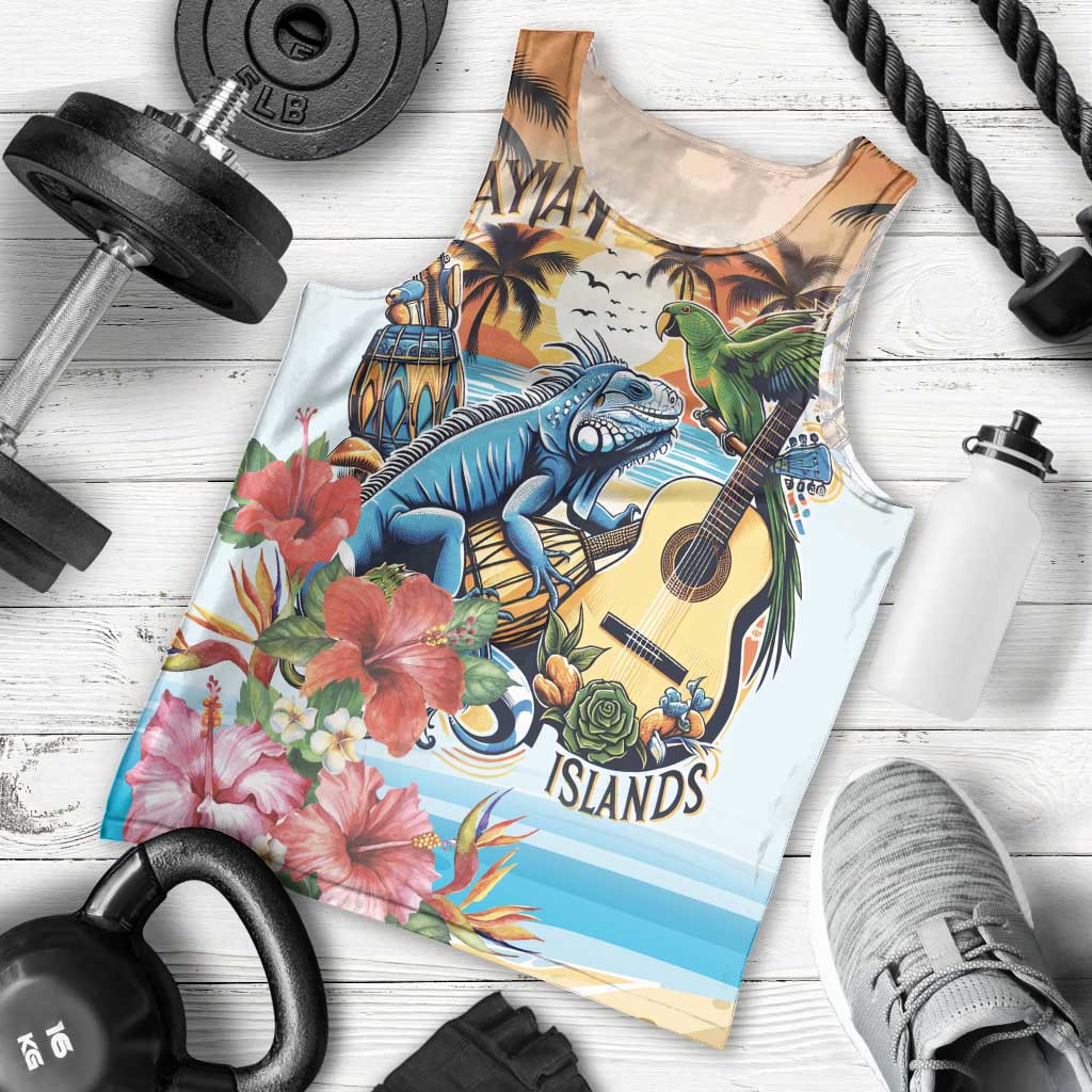 Cayman Islands Men Tank Top Iguanas And Parrot Hisbius Flower - Wonder Print Shop