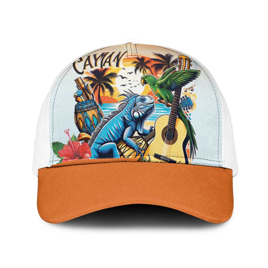 Cayman Islands Mesh Trucker Cap Iguanas And Parrot Hisbius Flower - Wonder Print Shop
