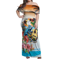 Cayman Islands Off Shoulder Maxi Dress Iguanas And Parrot Hisbius Flower - Wonder Print Shop