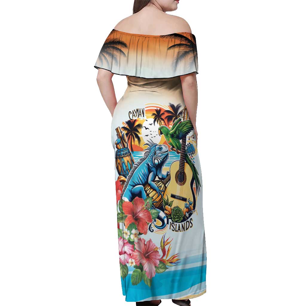 Cayman Islands Off Shoulder Maxi Dress Iguanas And Parrot Hisbius Flower - Wonder Print Shop
