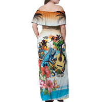 Cayman Islands Off Shoulder Maxi Dress Iguanas And Parrot Hisbius Flower - Wonder Print Shop