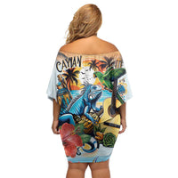 Cayman Islands Off Shoulder Short Dress Iguanas And Parrot Hisbius Flower - Wonder Print Shop