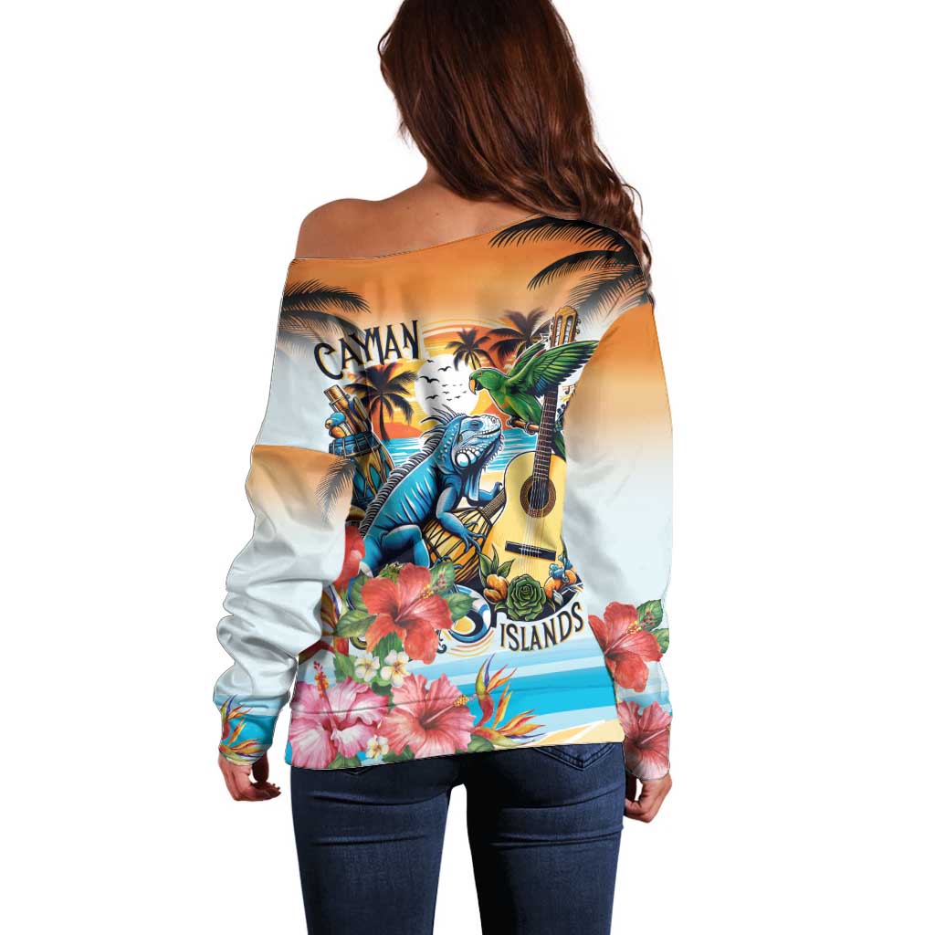 Cayman Islands Off Shoulder Sweater Iguanas And Parrot Hisbius Flower - Wonder Print Shop