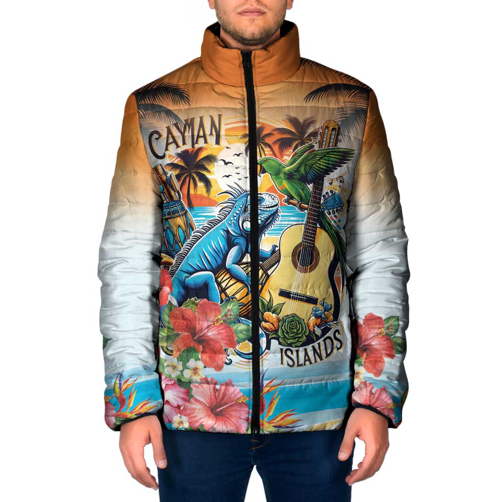 Cayman Islands Padded Jacket Iguanas And Parrot Hisbius Flower - Wonder Print Shop