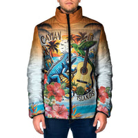 Cayman Islands Padded Jacket Iguanas And Parrot Hisbius Flower - Wonder Print Shop