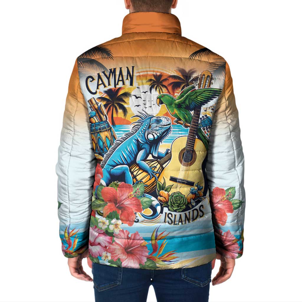 Cayman Islands Padded Jacket Iguanas And Parrot Hisbius Flower - Wonder Print Shop