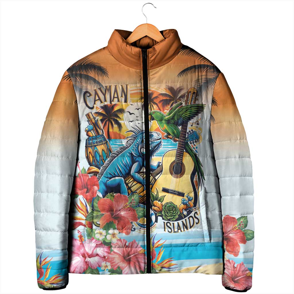 Cayman Islands Padded Jacket Iguanas And Parrot Hisbius Flower - Wonder Print Shop