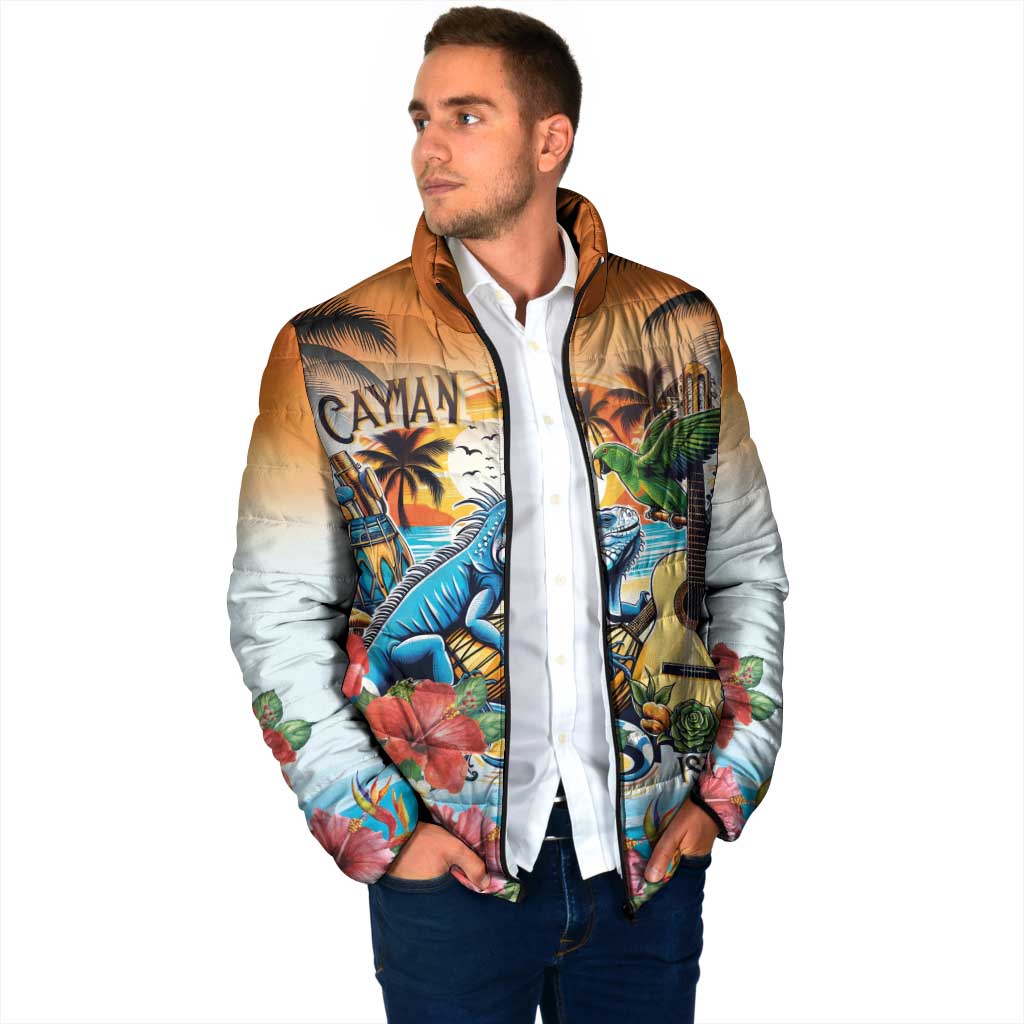 Cayman Islands Padded Jacket Iguanas And Parrot Hisbius Flower - Wonder Print Shop