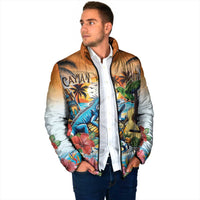 Cayman Islands Padded Jacket Iguanas And Parrot Hisbius Flower - Wonder Print Shop