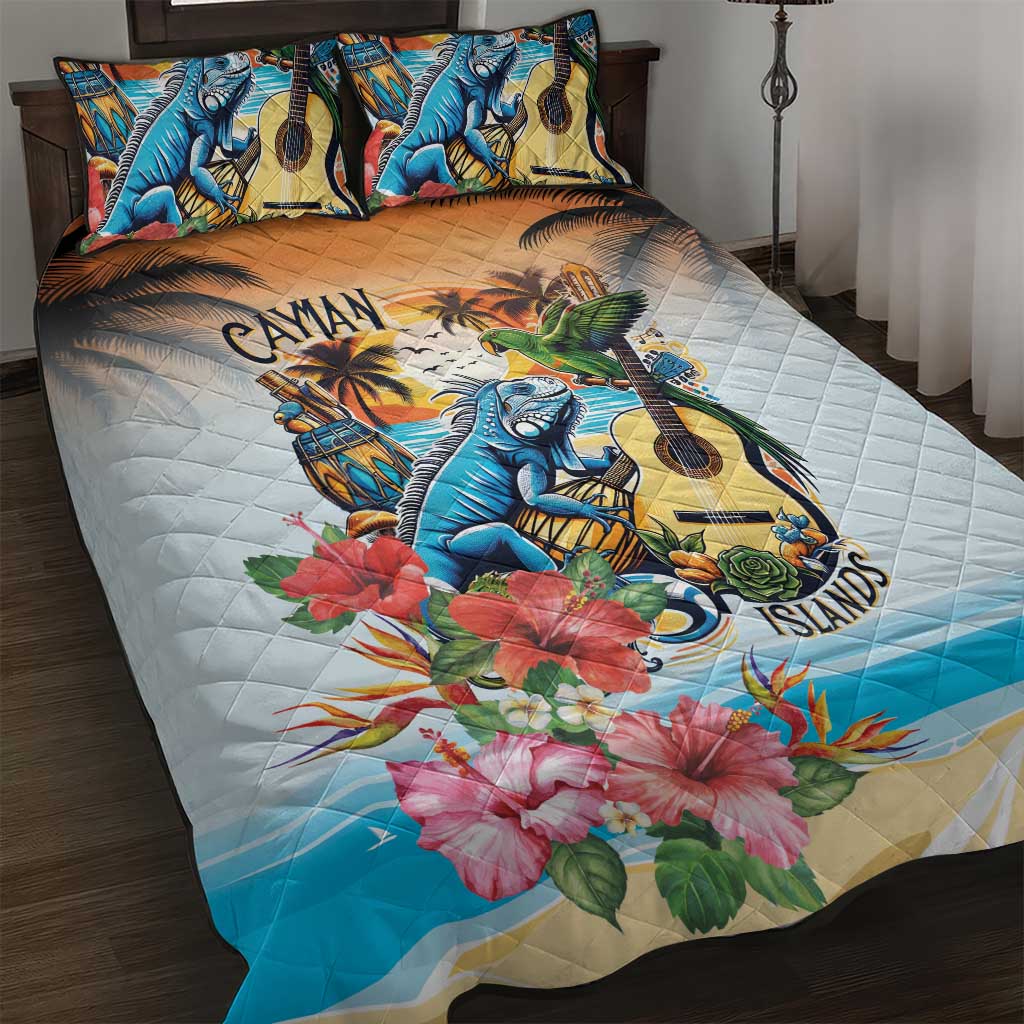 Cayman Islands Quilt Bed Set Iguanas And Parrot Hisbius Flower - Wonder Print Shop