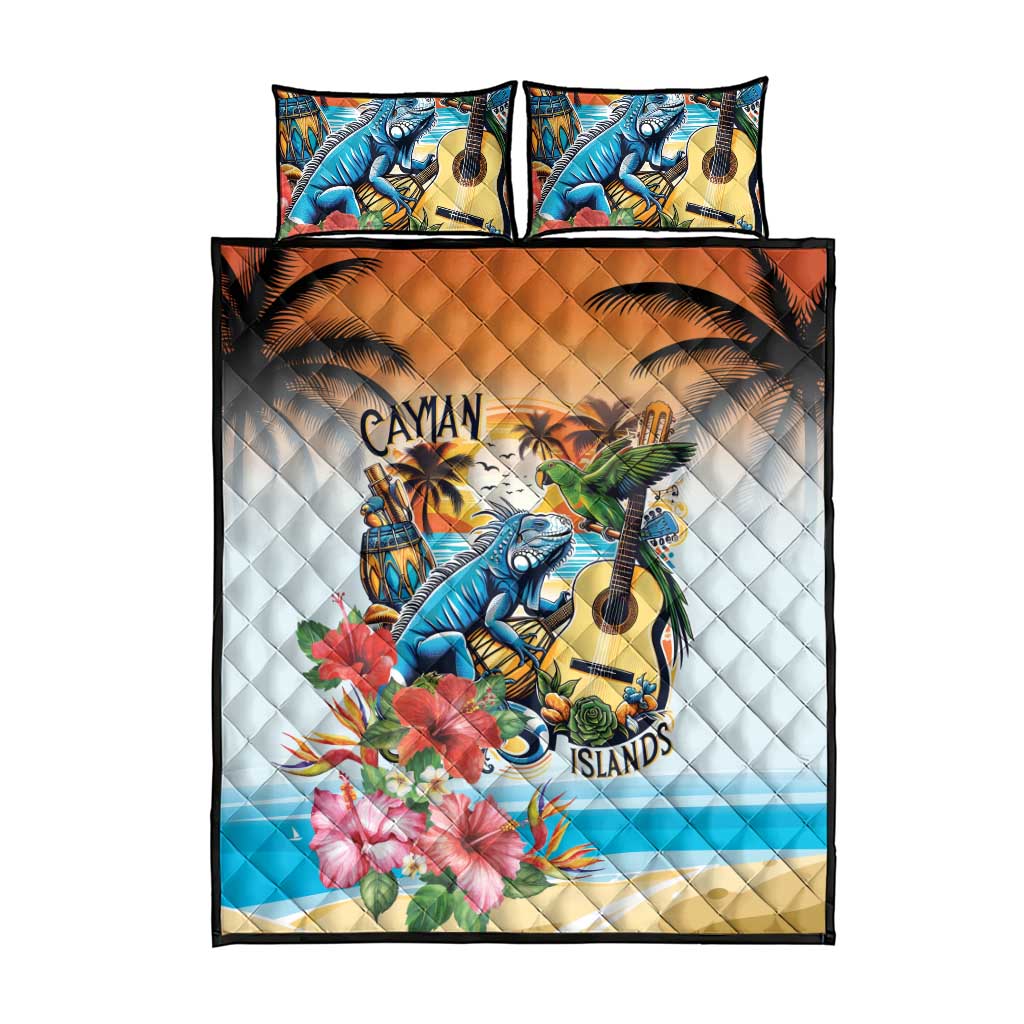 Cayman Islands Quilt Bed Set Iguanas And Parrot Hisbius Flower - Wonder Print Shop