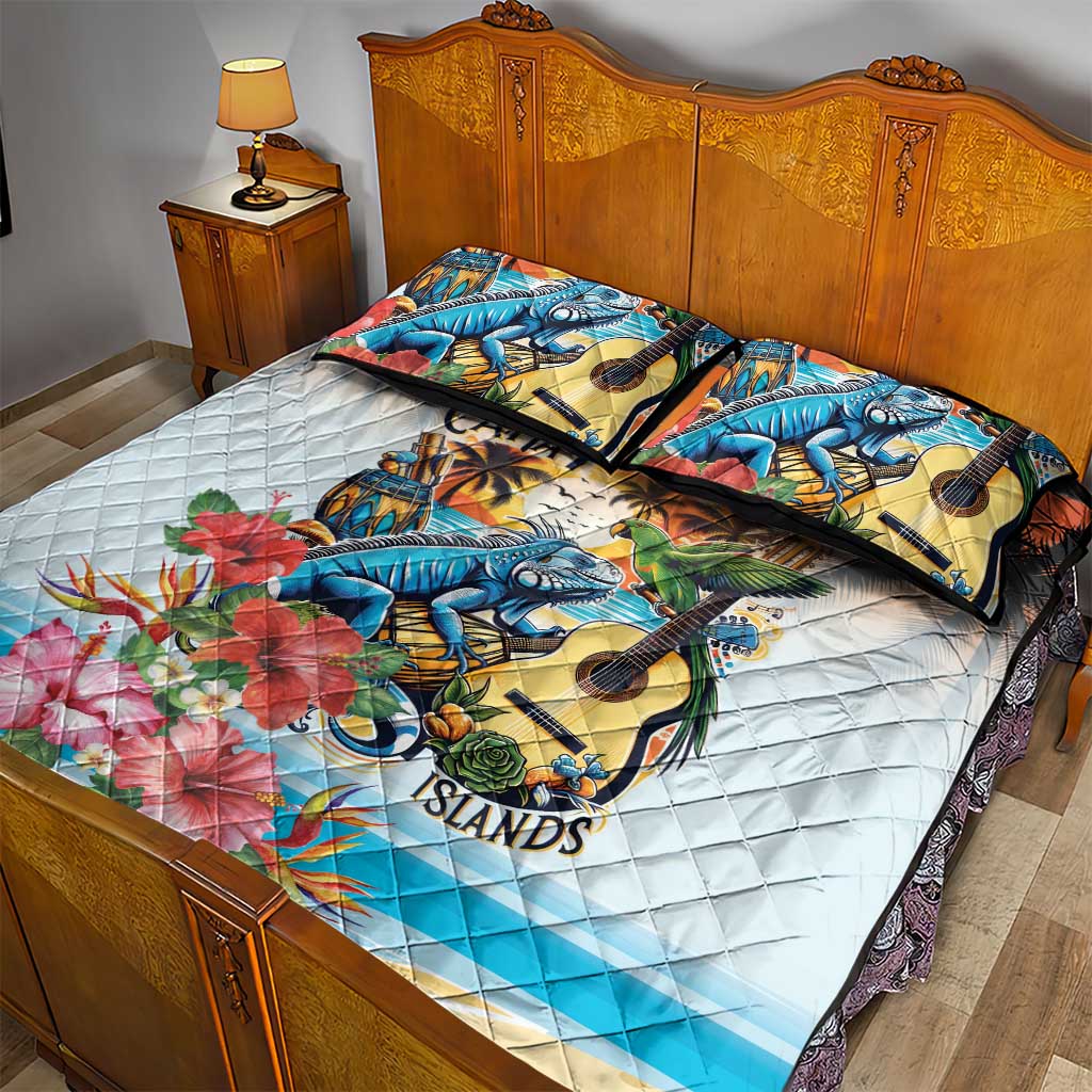 Cayman Islands Quilt Bed Set Iguanas And Parrot Hisbius Flower - Wonder Print Shop