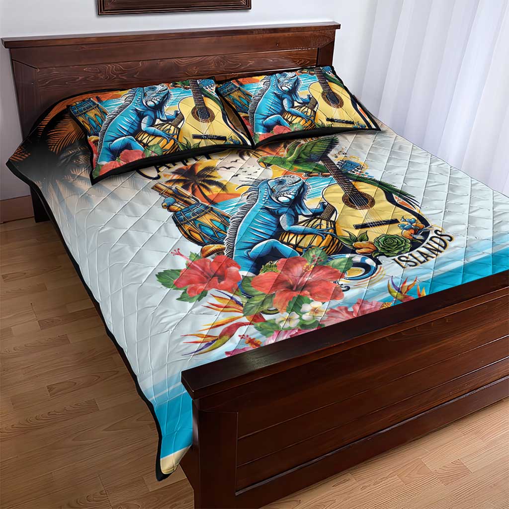 Cayman Islands Quilt Bed Set Iguanas And Parrot Hisbius Flower - Wonder Print Shop