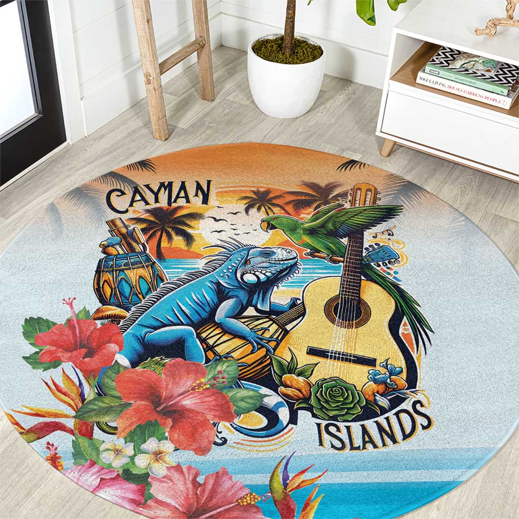 Cayman Islands Round Carpet Iguanas And Parrot Hisbius Flower - Wonder Print Shop