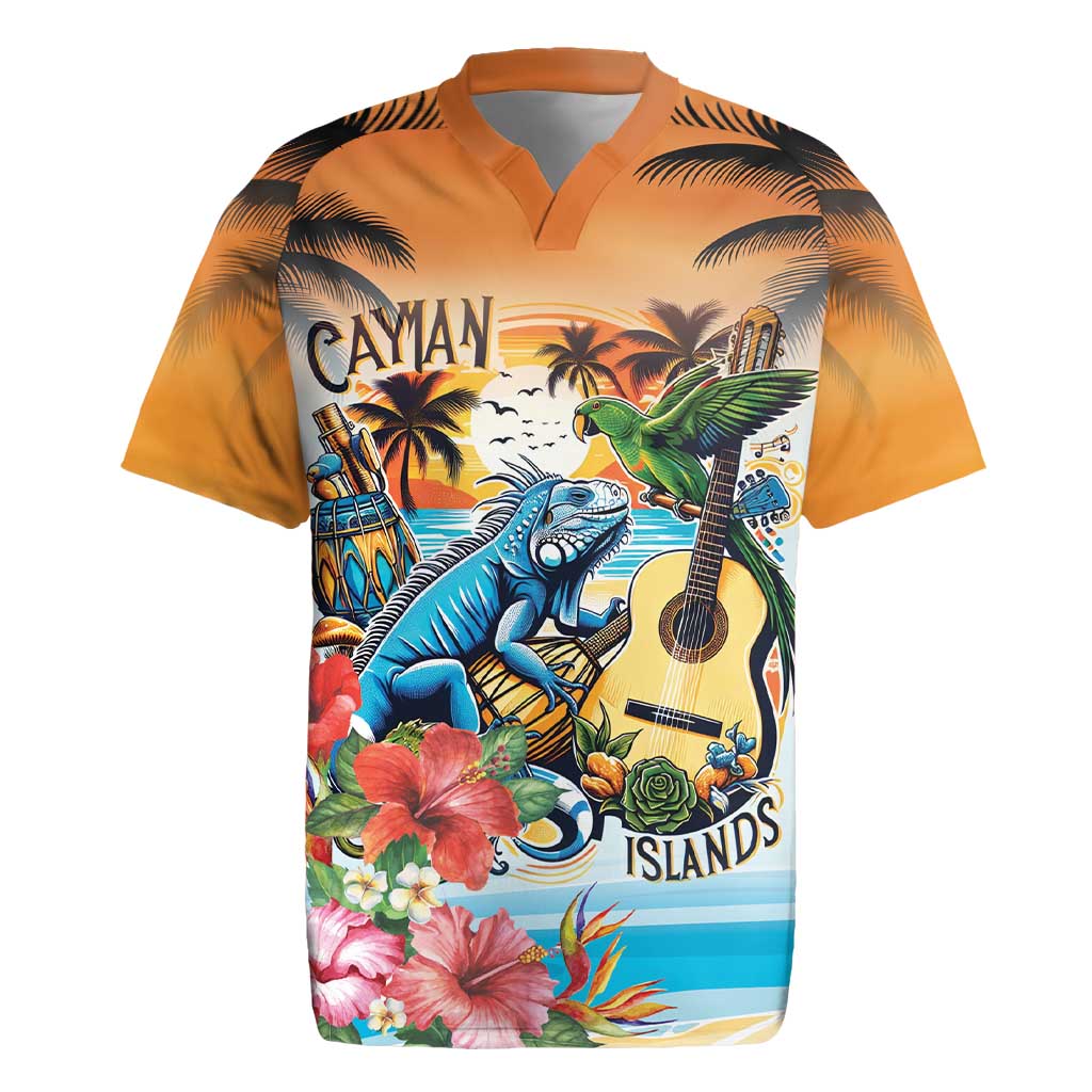 Cayman Islands Rugby Jersey Iguanas And Parrot Hisbius Flower - Wonder Print Shop