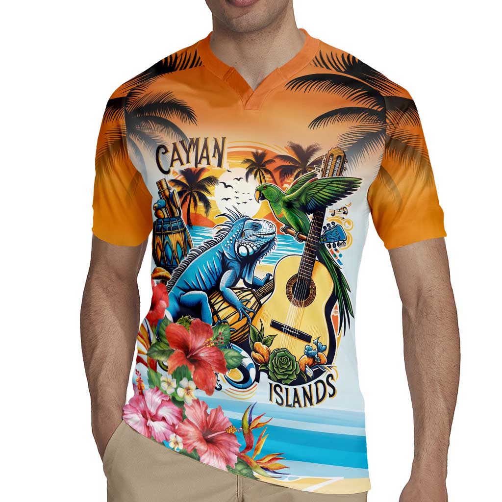 Cayman Islands Rugby Jersey Iguanas And Parrot Hisbius Flower - Wonder Print Shop
