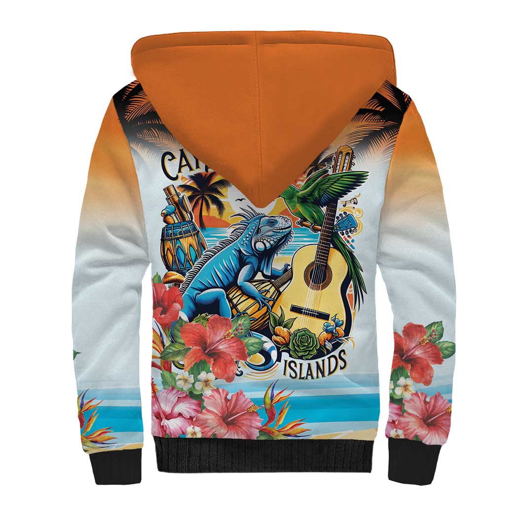 Cayman Islands Sherpa Hoodie Iguanas And Parrot Hisbius Flower - Wonder Print Shop