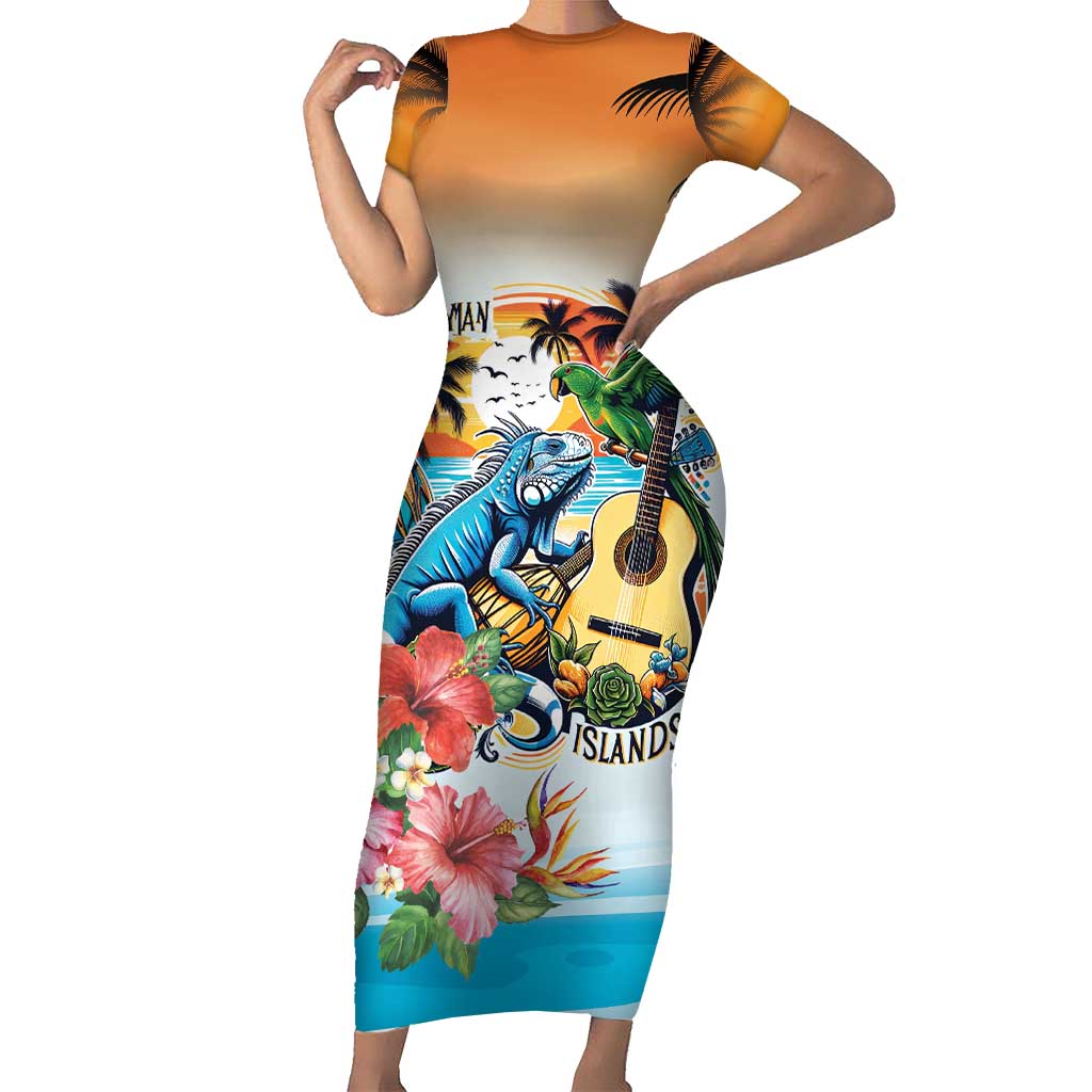 Cayman Islands Short Sleeve Bodycon Dress Iguanas And Parrot Hisbius Flower - Wonder Print Shop