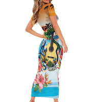 Cayman Islands Short Sleeve Bodycon Dress Iguanas And Parrot Hisbius Flower - Wonder Print Shop