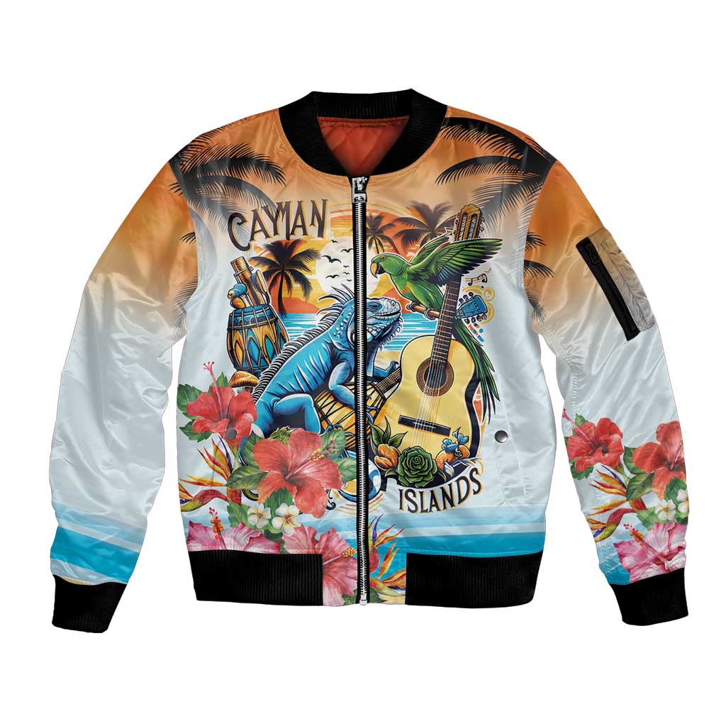 Cayman Islands Sleeve Zip Bomber Jacket Iguanas And Parrot Hisbius Flower - Wonder Print Shop