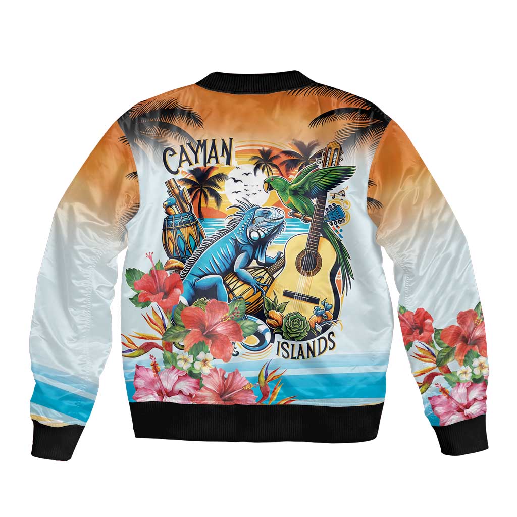 Cayman Islands Sleeve Zip Bomber Jacket Iguanas And Parrot Hisbius Flower - Wonder Print Shop
