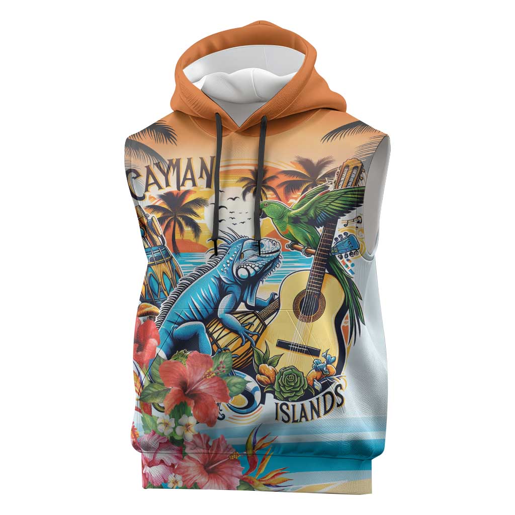 Cayman Islands Sleeveless Hoodie Iguanas And Parrot Hisbius Flower - Wonder Print Shop