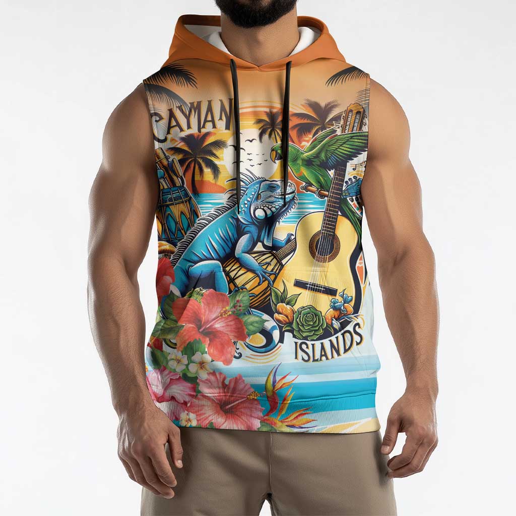 Cayman Islands Sleeveless Hoodie Iguanas And Parrot Hisbius Flower - Wonder Print Shop