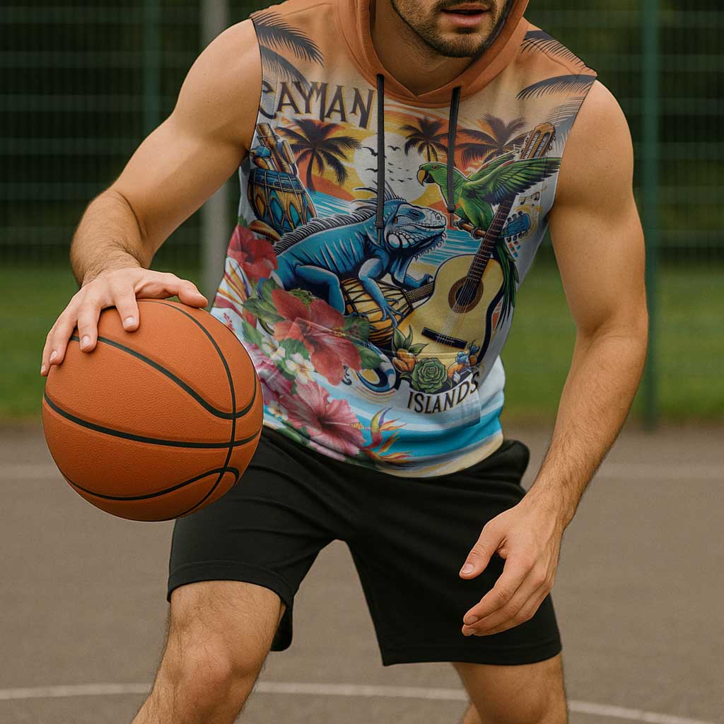 Cayman Islands Sleeveless Hoodie Iguanas And Parrot Hisbius Flower - Wonder Print Shop