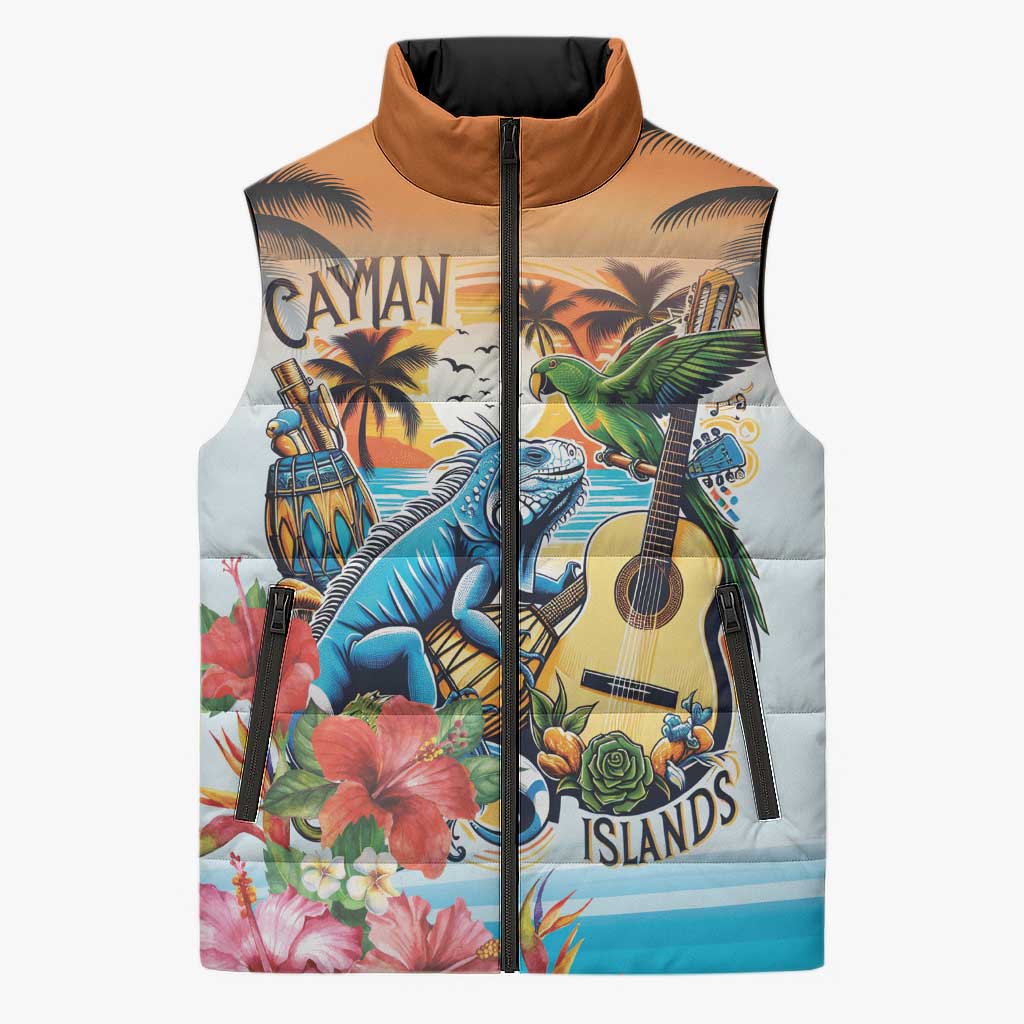 Cayman Islands Sleeveless Puffer Jacket Iguanas And Parrot Hisbius Flower - Wonder Print Shop