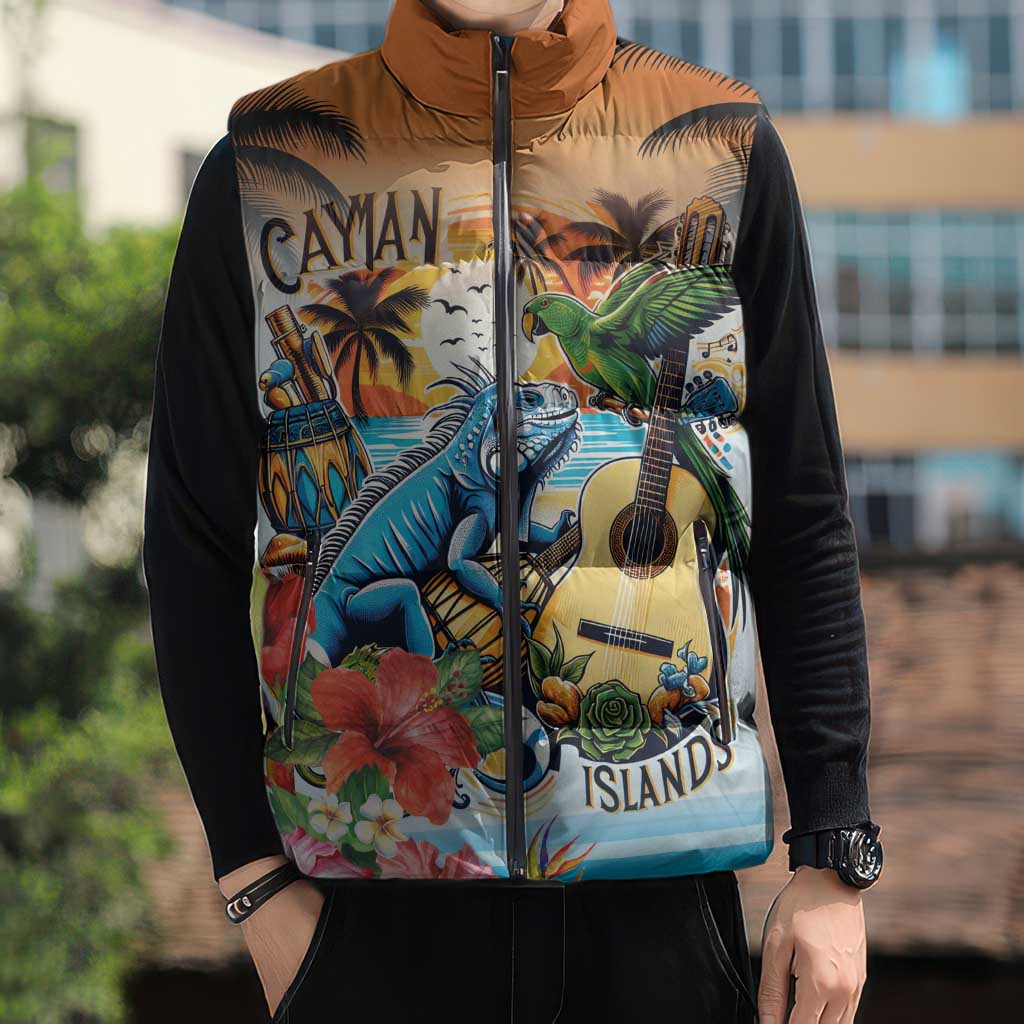 Cayman Islands Sleeveless Puffer Jacket Iguanas And Parrot Hisbius Flower - Wonder Print Shop
