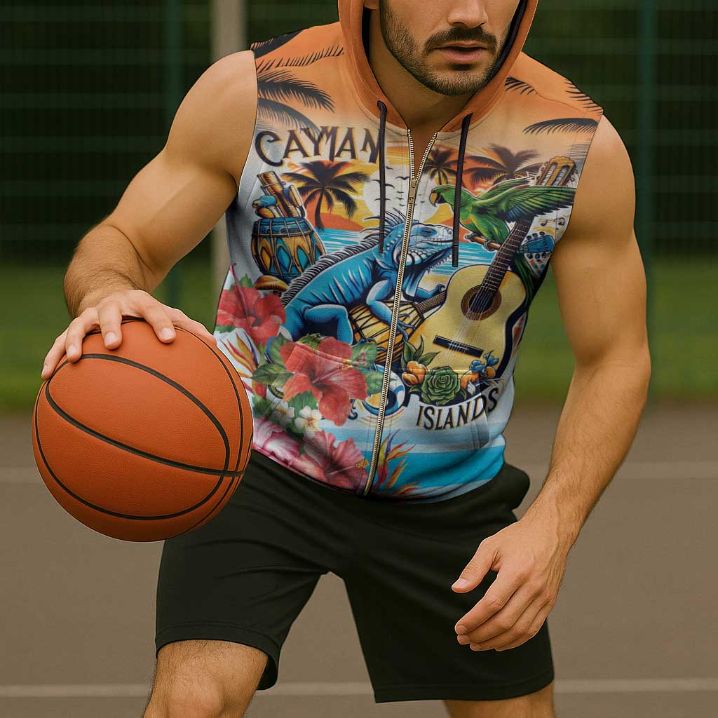 Cayman Islands Sleeveless Zip Hoodie Iguanas And Parrot Hisbius Flower - Wonder Print Shop