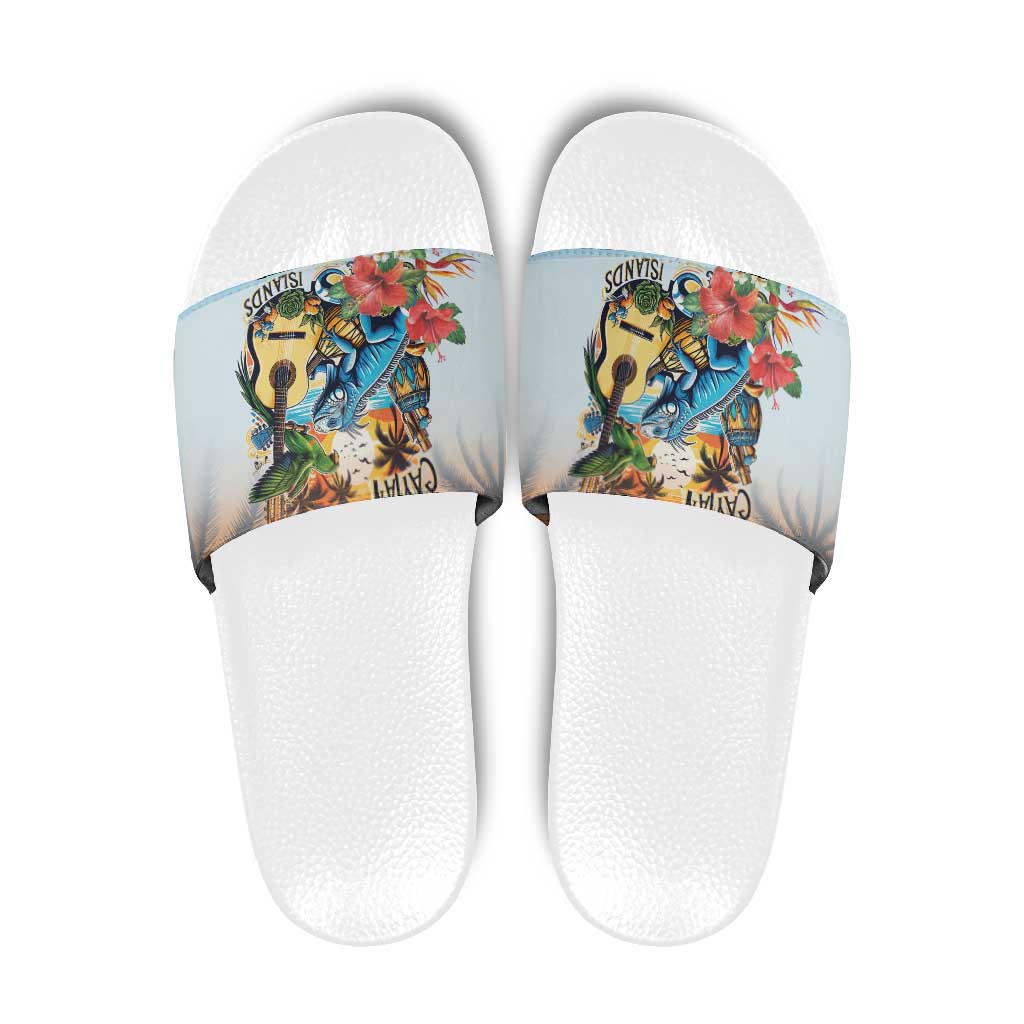 Cayman Islands Slide Sandals Iguanas And Parrot Hisbius Flower - Wonder Print Shop