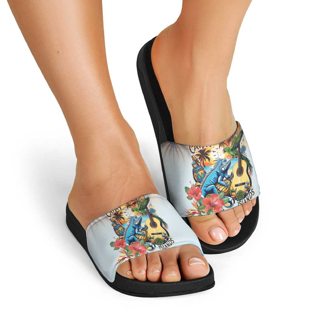 Cayman Islands Slide Sandals Iguanas And Parrot Hisbius Flower - Wonder Print Shop