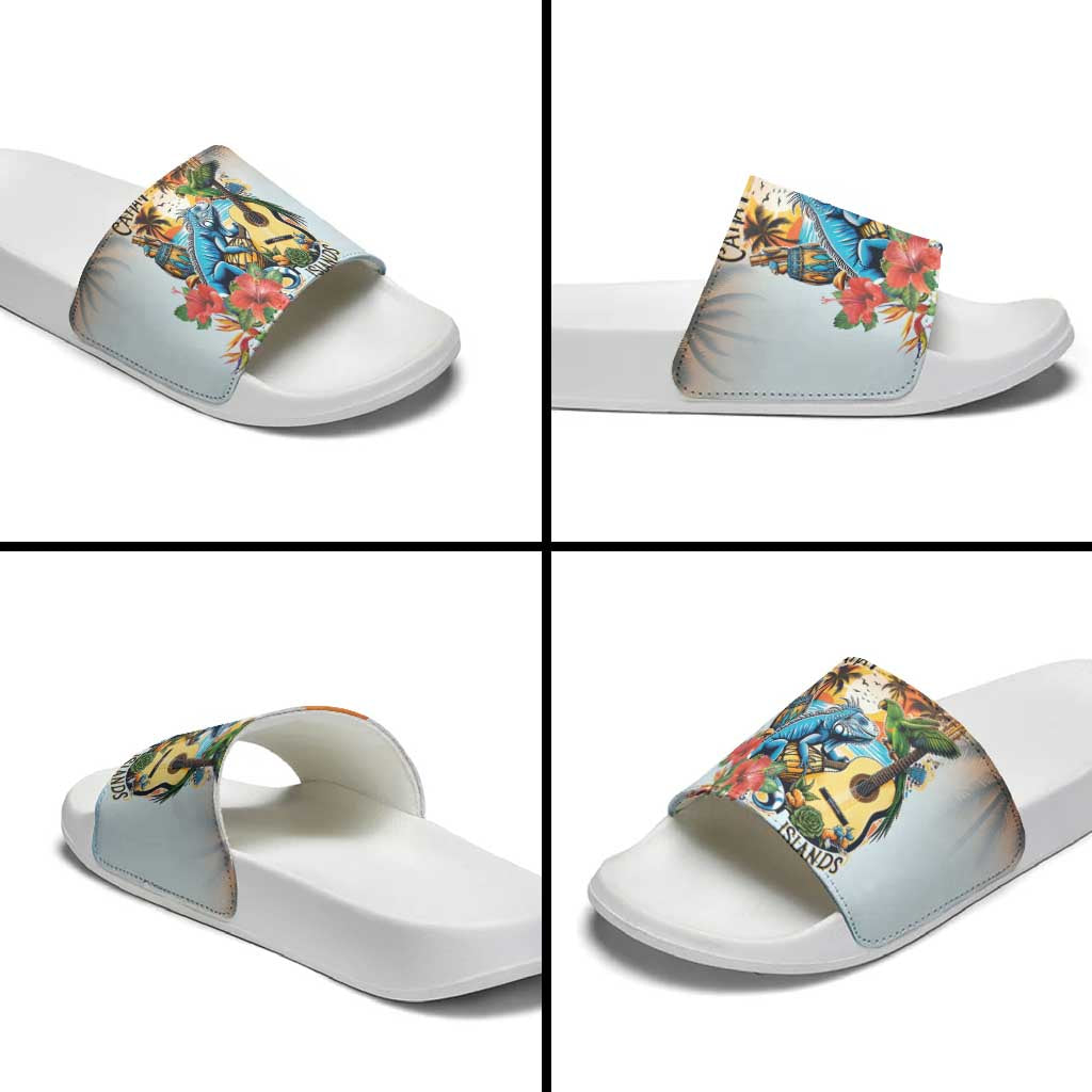 Cayman Islands Slide Sandals Iguanas And Parrot Hisbius Flower - Wonder Print Shop