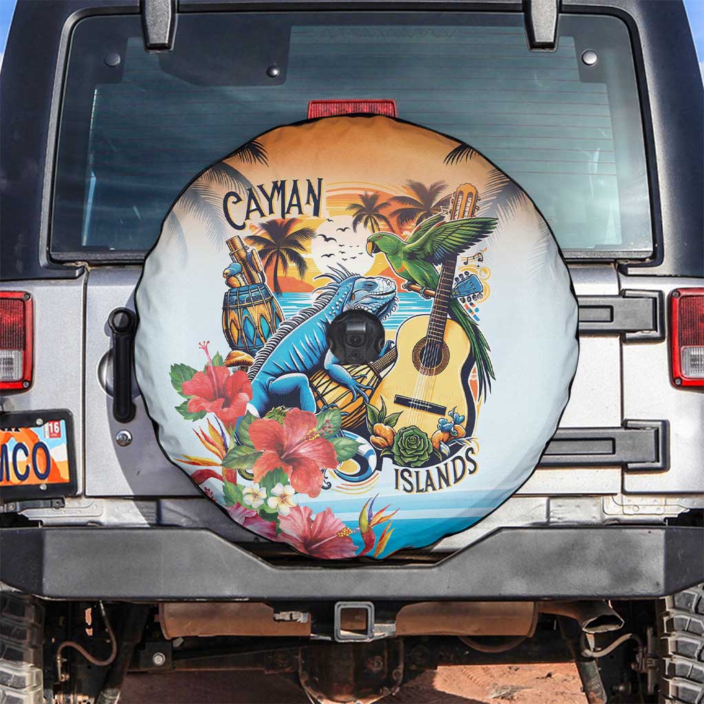 Cayman Islands Spare Tire Cover Iguanas And Parrot Hisbius Flower - Wonder Print Shop