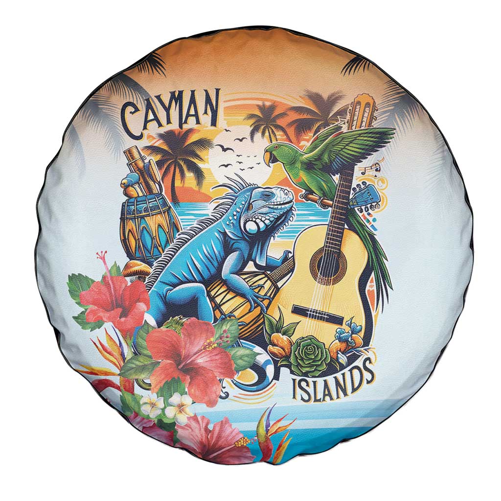 Cayman Islands Spare Tire Cover Iguanas And Parrot Hisbius Flower - Wonder Print Shop