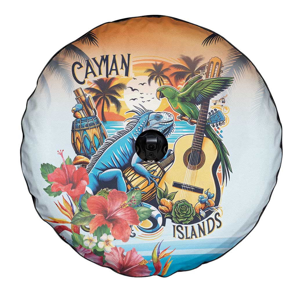 Cayman Islands Spare Tire Cover Iguanas And Parrot Hisbius Flower - Wonder Print Shop
