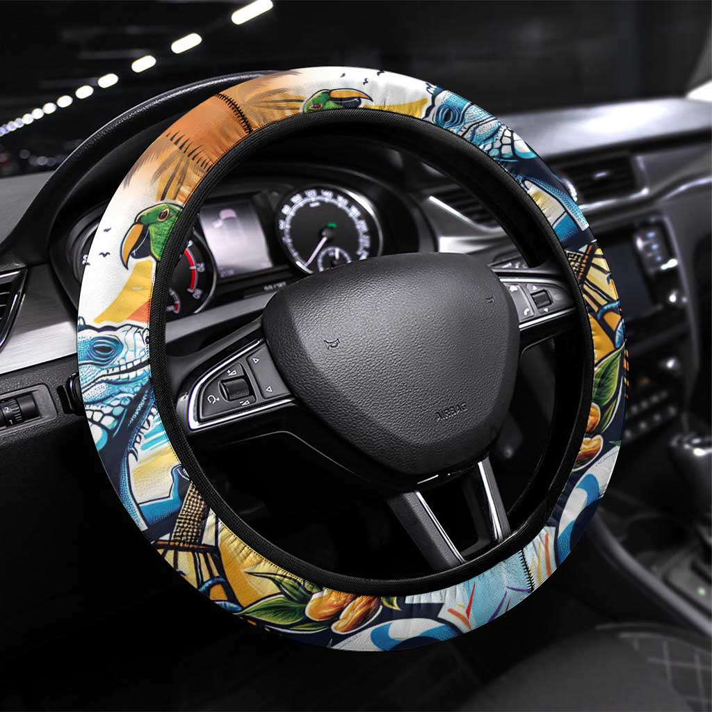 Cayman Islands Steering Wheel Cover Iguanas And Parrot Hisbius Flower - Wonder Print Shop